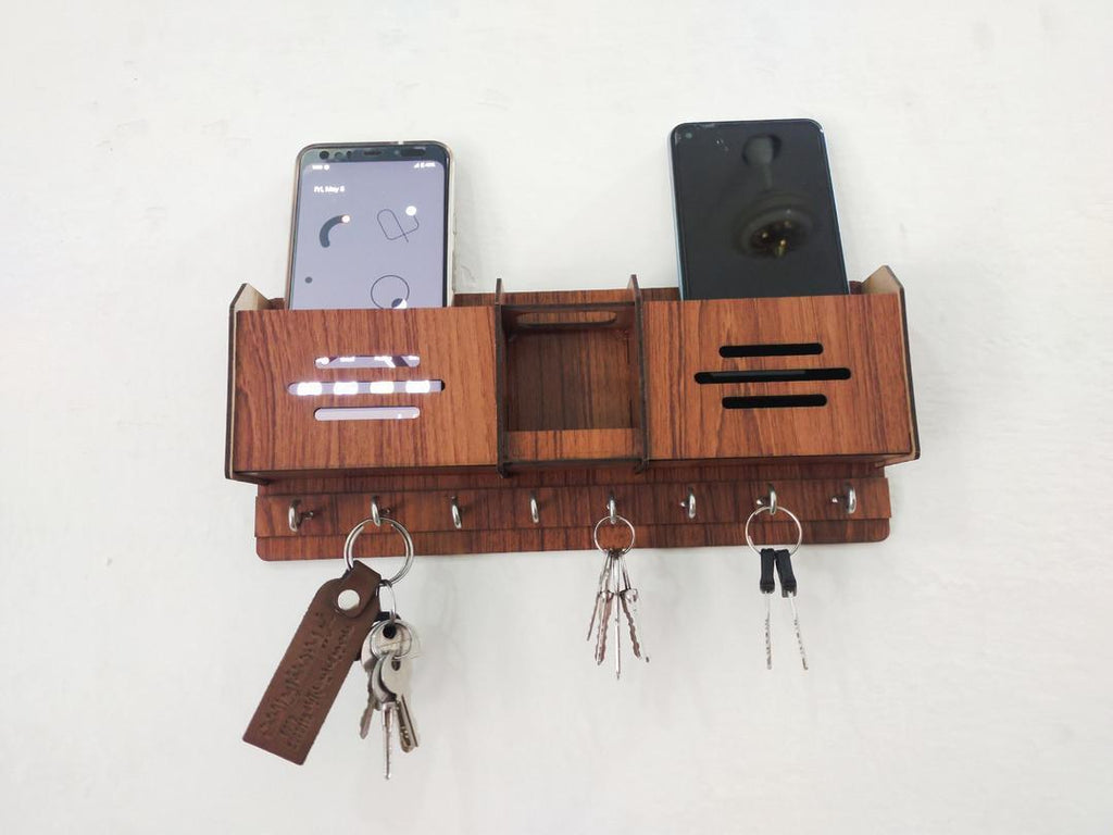 Wooden Key & Phone Holder with Phone Slots