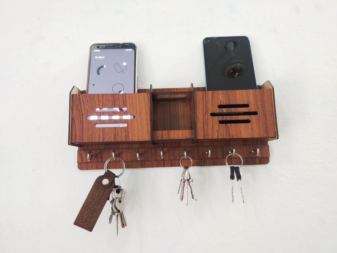 Wooden Key & Phone Holder with Phone Slots