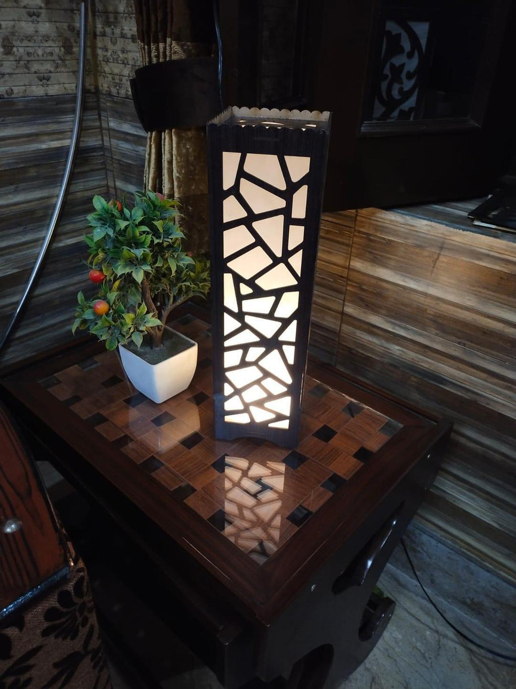 Wooden Night Lamp with Geometric Pattern for Home Office Bedroom
