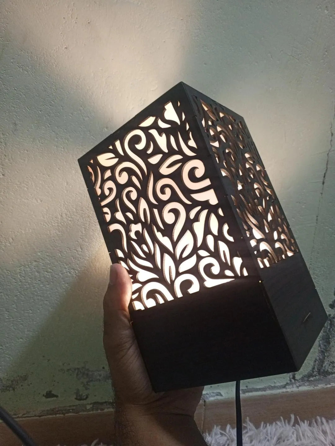 Wooden Side Table Lamp with Laser Cut Floral Design