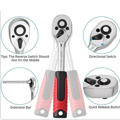 46-Piece Socket Wrench Tool Set Stainless Steel Red Case