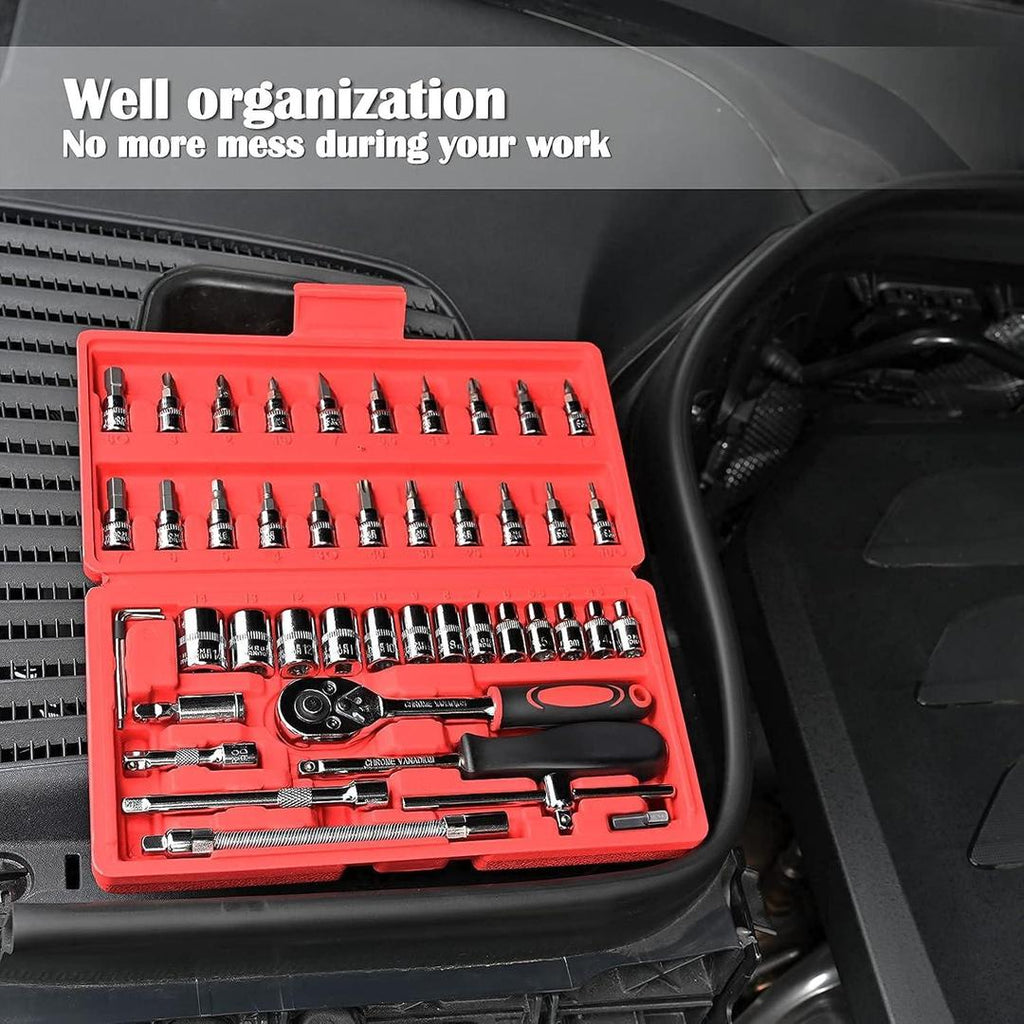 46-Piece Socket Wrench Tool Set Stainless Steel Red Case